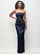 Front View Thumbnail - Midnight Navy Strapless Draped Bodice Stretch Satin Column Maxi Dress