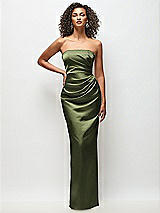 Front View Thumbnail - Olive Green Strapless Draped Bodice Stretch Satin Column Maxi Dress
