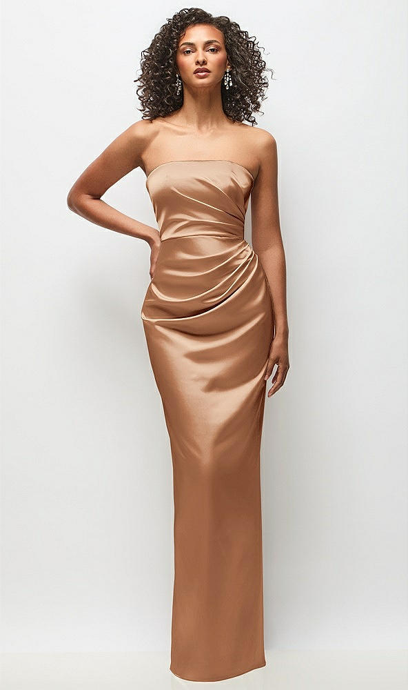 Front View - Toffee Strapless Draped Bodice Stretch Satin Column Maxi Dress