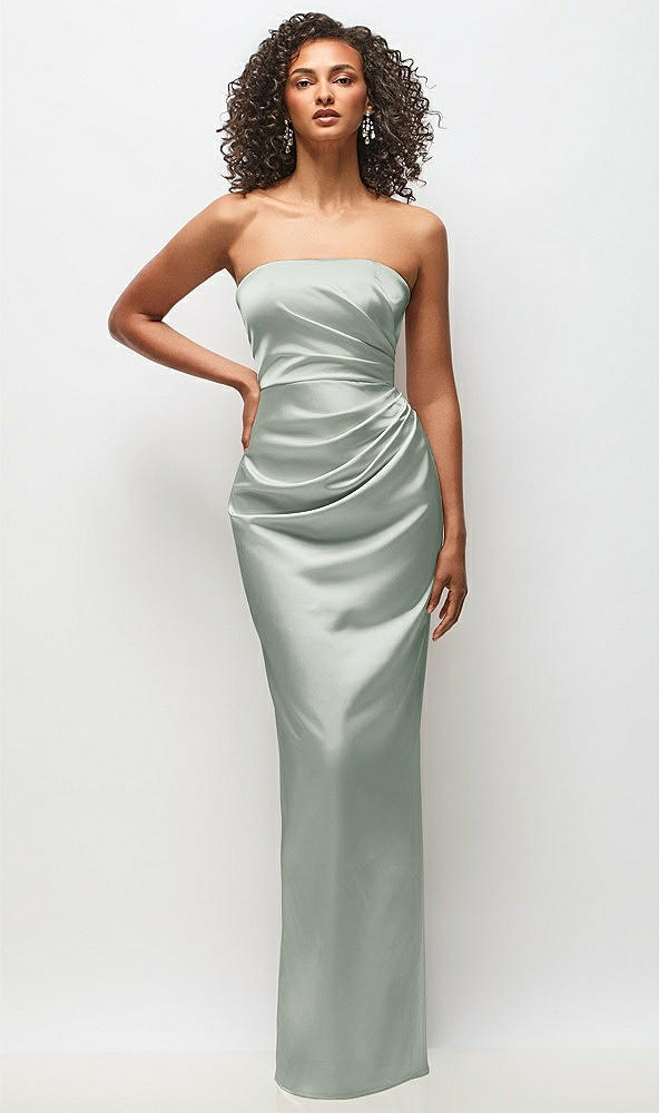 Front View - Willow Green Strapless Draped Bodice Stretch Satin Column Maxi Dress