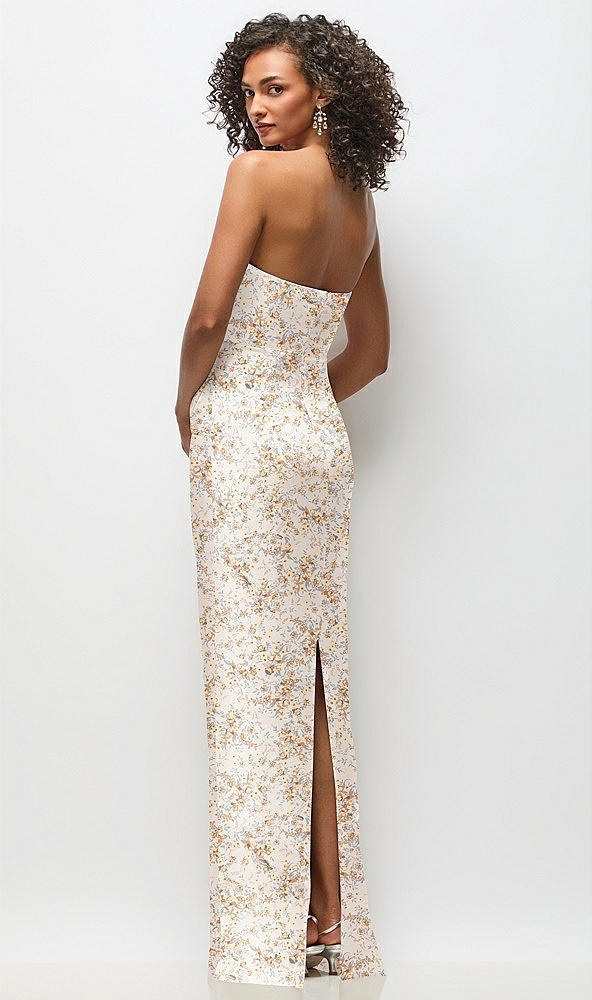 Back View - Golden Hour Strapless Draped Bodice Floral Stretch Satin Column Maxi Dress
