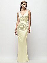 Front View Thumbnail - Butter Yellow Sleeveless Draped Wrap Bodice Stretch Satin Column Maxi Dress