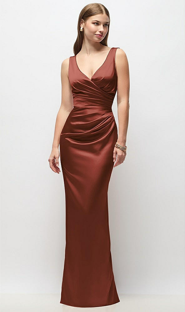 Front View - Auburn Moon Sleeveless Draped Wrap Bodice Stretch Satin Column Maxi Dress