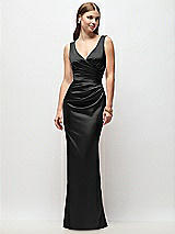 Front View Thumbnail - Black Sleeveless Draped Wrap Bodice Stretch Satin Column Maxi Dress