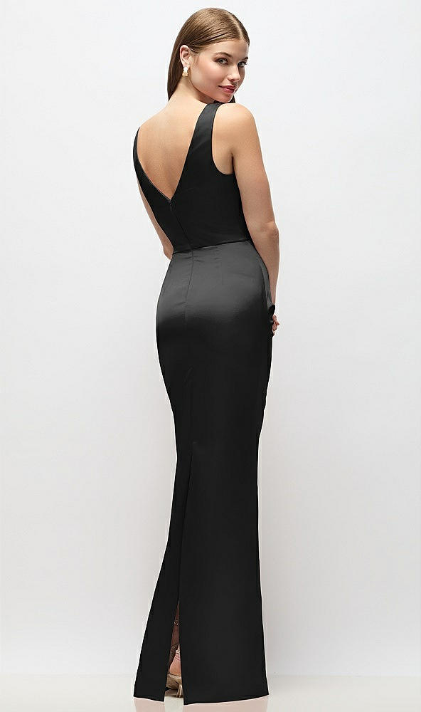Back View - Black Sleeveless Draped Wrap Bodice Stretch Satin Column Maxi Dress