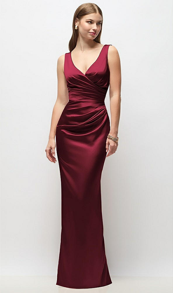 Front View - Cabernet Sleeveless Draped Wrap Bodice Stretch Satin Column Maxi Dress