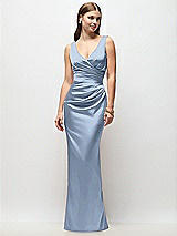 Front View Thumbnail - Cloudy Sleeveless Draped Wrap Bodice Stretch Satin Column Maxi Dress