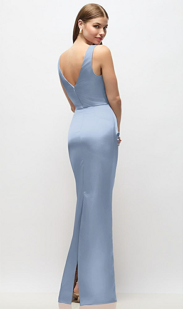 Back View - Cloudy Sleeveless Draped Wrap Bodice Stretch Satin Column Maxi Dress