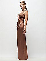 Side View Thumbnail - Cognac Sleeveless Draped Wrap Bodice Stretch Satin Column Maxi Dress