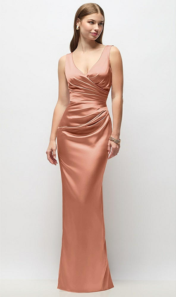 Front View - Copper Penny Sleeveless Draped Wrap Bodice Stretch Satin Column Maxi Dress
