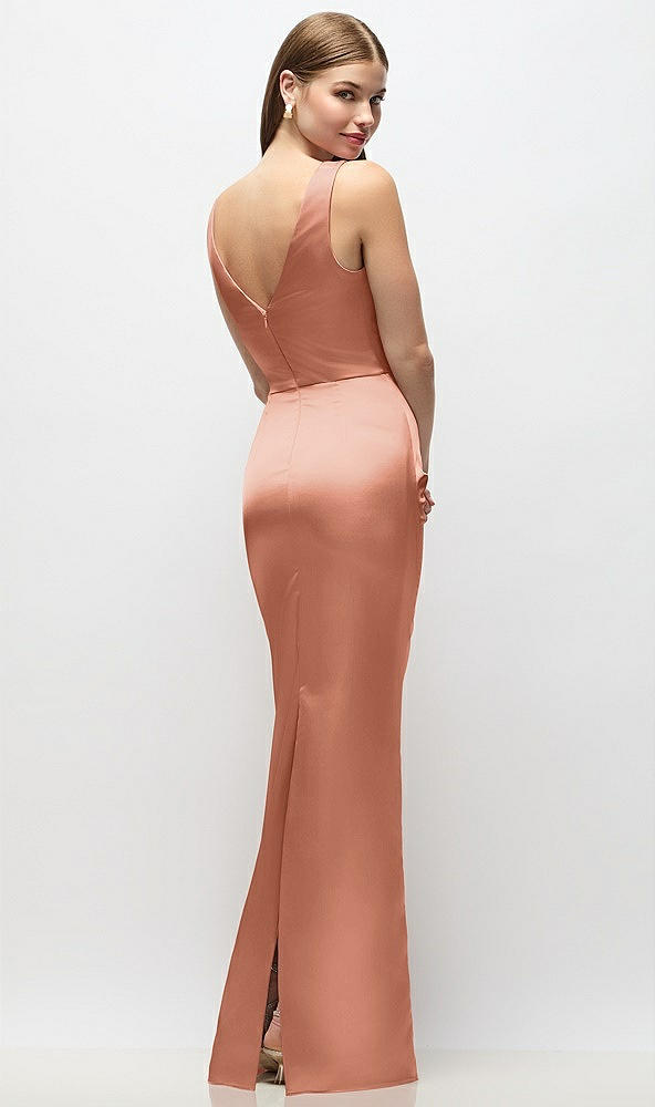 Back View - Copper Penny Sleeveless Draped Wrap Bodice Stretch Satin Column Maxi Dress