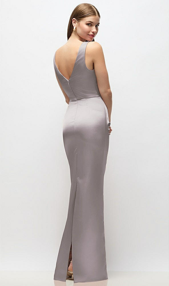 Back View - Cashmere Gray Sleeveless Draped Wrap Bodice Stretch Satin Column Maxi Dress