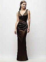 Front View Thumbnail - Espresso Sleeveless Draped Wrap Bodice Stretch Satin Column Maxi Dress