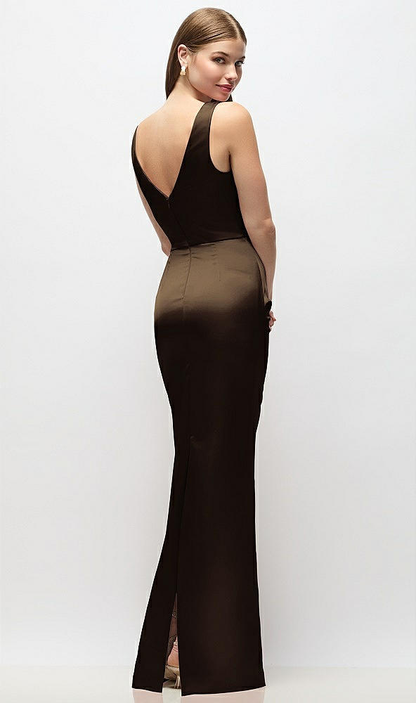 Back View - Espresso Sleeveless Draped Wrap Bodice Stretch Satin Column Maxi Dress