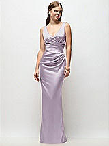 Front View Thumbnail - Lilac Haze Sleeveless Draped Wrap Bodice Stretch Satin Column Maxi Dress
