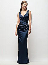 Front View Thumbnail - Midnight Navy Sleeveless Draped Wrap Bodice Stretch Satin Column Maxi Dress