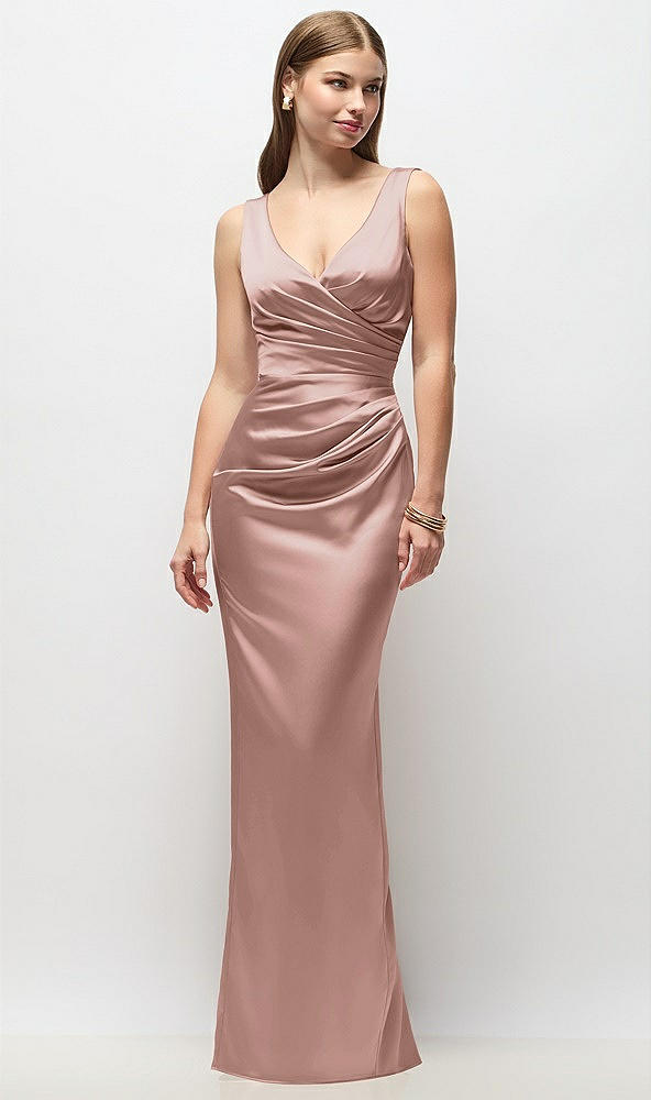 Front View - Neu Nude Sleeveless Draped Wrap Bodice Stretch Satin Column Maxi Dress