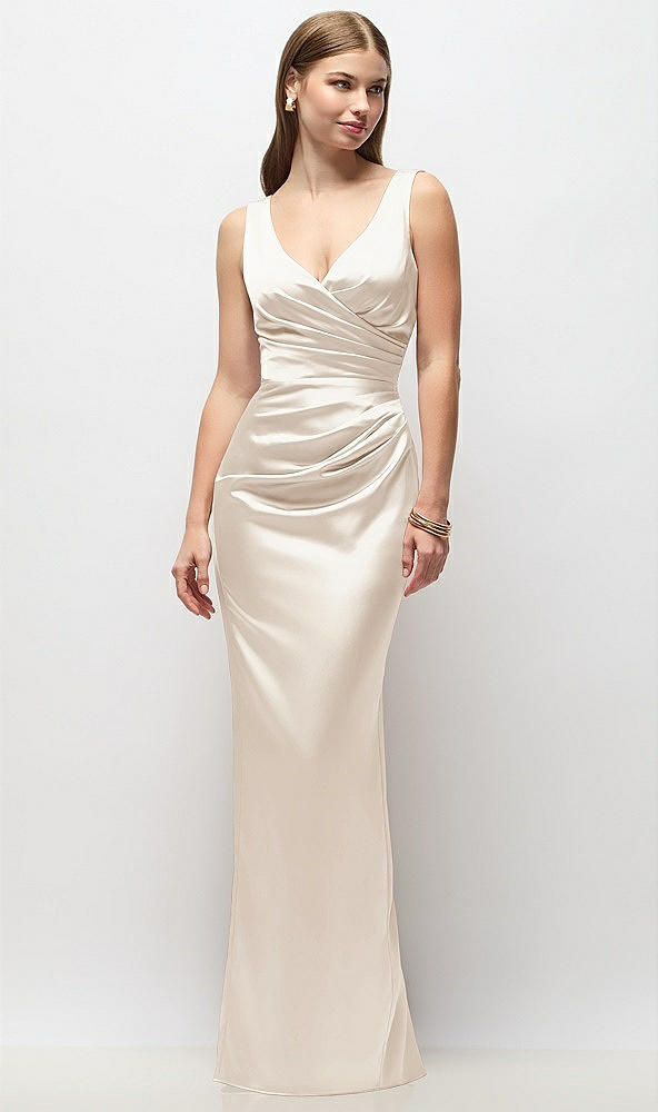 Front View - Oat Sleeveless Draped Wrap Bodice Stretch Satin Column Maxi Dress