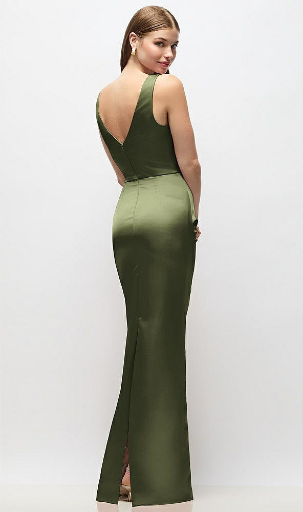 Back View - Olive Green Sleeveless Draped Wrap Bodice Stretch Satin Column Maxi Dress