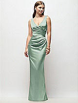 Front View Thumbnail - Seagrass Sleeveless Draped Wrap Bodice Stretch Satin Column Maxi Dress