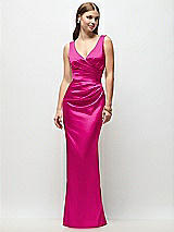 Front View Thumbnail - Think Pink Sleeveless Draped Wrap Bodice Stretch Satin Column Maxi Dress