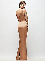 Rear View Thumbnail - Toffee Sleeveless Draped Wrap Bodice Stretch Satin Column Maxi Dress