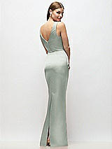 Rear View Thumbnail - Willow Green Sleeveless Draped Wrap Bodice Stretch Satin Column Maxi Dress