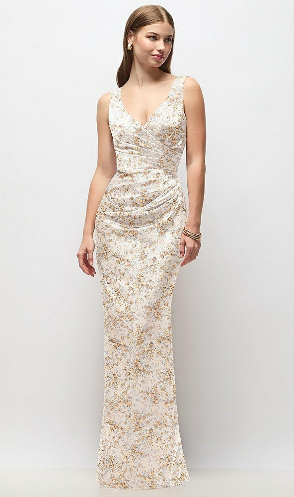 Front View - Golden Hour Sleeveless Draped Wrap Bodice Floral Stretch Satin Column Maxi Dress