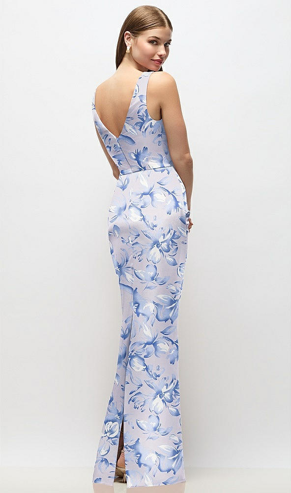 Back View - Magnolia Sky Sleeveless Draped Wrap Bodice Floral Stretch Satin Column Maxi Dress