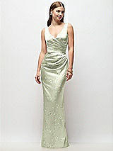 Front View Thumbnail - Vintage Primrose Celadon Sleeveless Draped Wrap Bodice Floral Stretch Satin Column Maxi Dress
