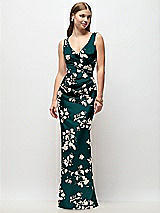 Front View Thumbnail - Vintage Primrose Evergreen Sleeveless Draped Wrap Bodice Floral Stretch Satin Column Maxi Dress
