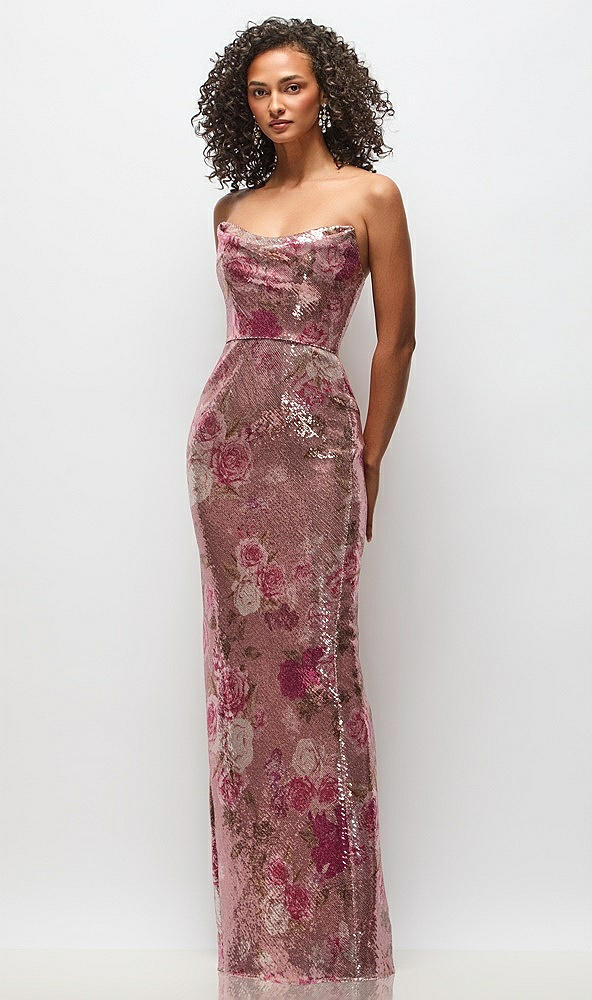 Front View - Rose Bloom Draped Cowl Cat-Eye Neck Stretch Sequin Column Maxi Dress