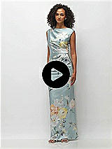 Video 1 Thumbnail - Mist Multi High Neck Cap Shoulder Painterly Floral Stretch Satin Column Maxi Dress