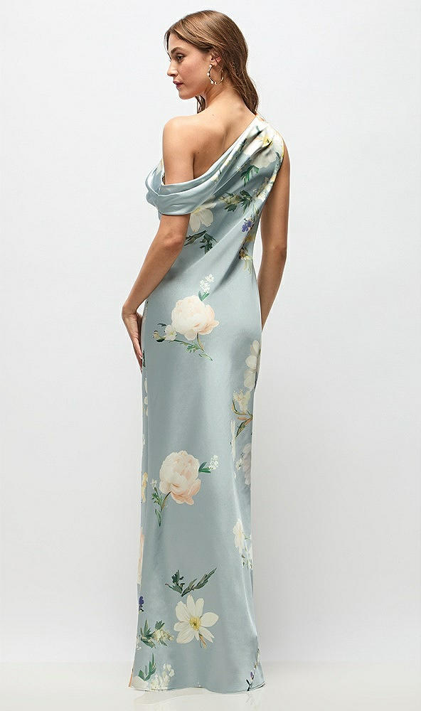 Back View - Mist Multi Draped One-Shoulder Bias Painterly Floral Stretch Satin Maxi Dress