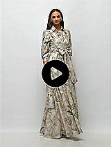 Video 1 Thumbnail - Plumeria Floral Print Floral Metallic Organza Jacquard Shirt Dress with Full Maxi Skirt & Sash