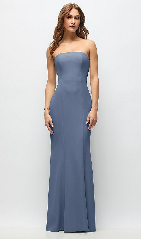 Front View - Larkspur Blue Strapless Fit and Flare Crepe Maxi Dress