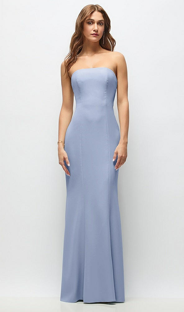Front View - Sky Blue Strapless Fit and Flare Crepe Maxi Dress