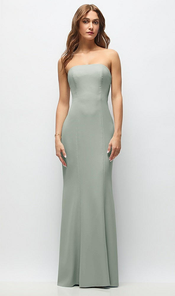 Front View - Willow Green Strapless Fit and Flare Crepe Maxi Dress