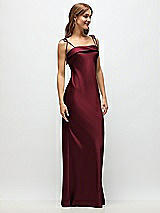 Side View Thumbnail - Cabernet Cuff Neck Satin Bias Maxi Dress with Self-Tie Spaghetti Straps