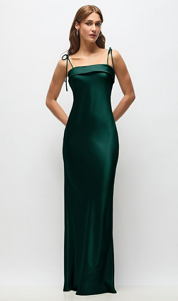Front View - Evergreen Cuff Neck Satin Bias Maxi Dress with Self-Tie Spaghetti Straps