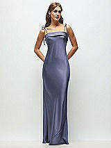 Front View Thumbnail - French Blue Cuff Neck Satin Bias Maxi Dress with Self-Tie Spaghetti Straps
