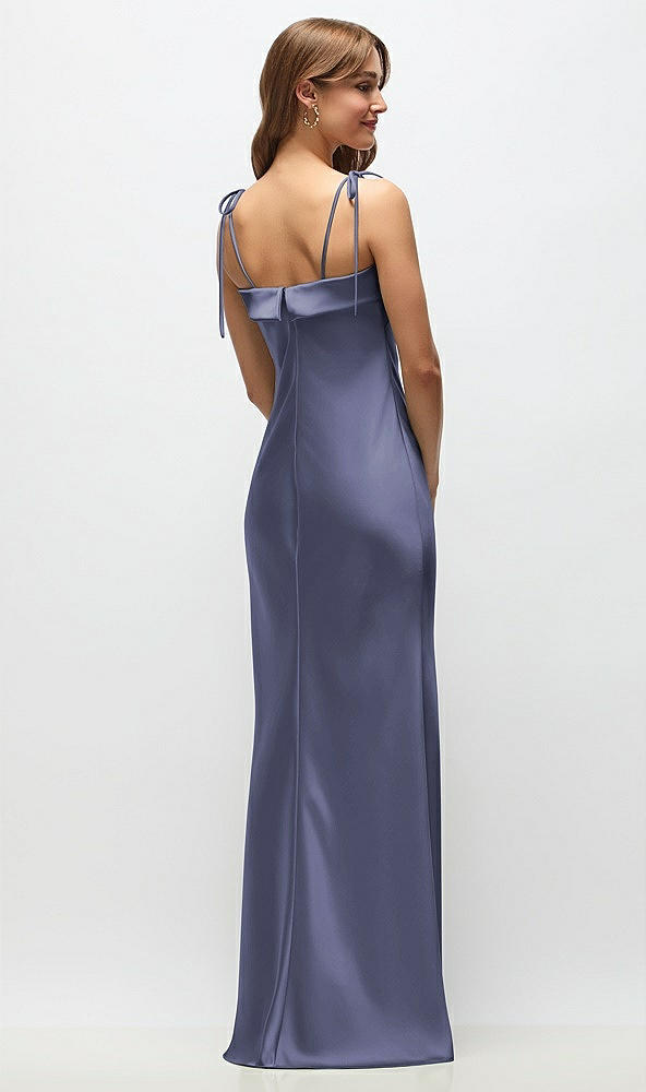 Back View - French Blue Cuff Neck Satin Bias Maxi Dress with Self-Tie Spaghetti Straps