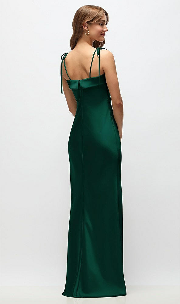 Back View - Hunter Green Cuff Neck Satin Bias Maxi Dress with Self-Tie Spaghetti Straps