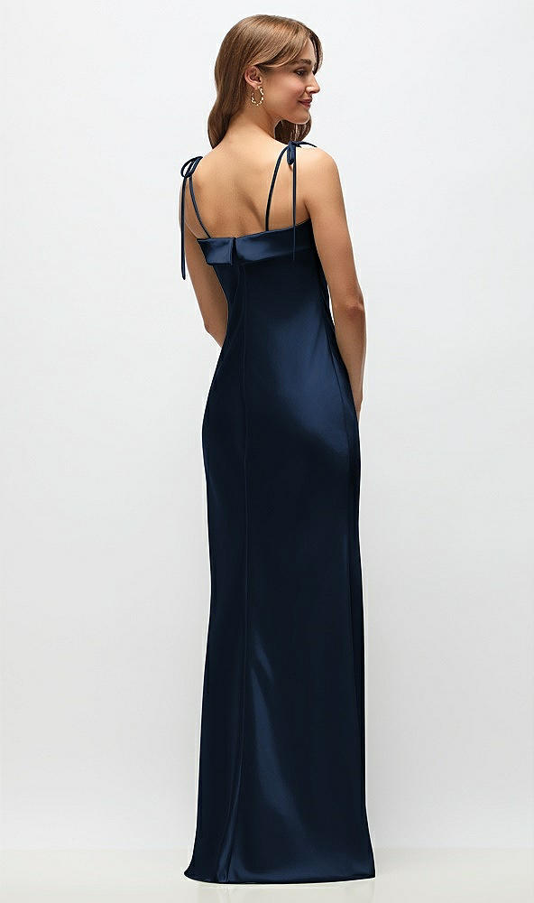 Back View - Midnight Navy Cuff Neck Satin Bias Maxi Dress with Self-Tie Spaghetti Straps
