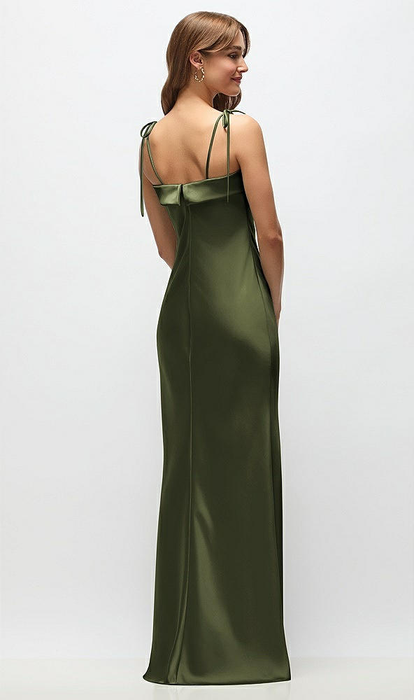 Back View - Olive Green Cuff Neck Satin Bias Maxi Dress with Self-Tie Spaghetti Straps