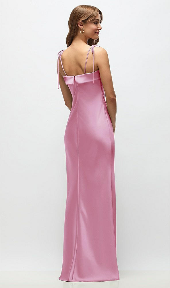 Back View - Powder Pink Cuff Neck Satin Bias Maxi Dress with Self-Tie Spaghetti Straps