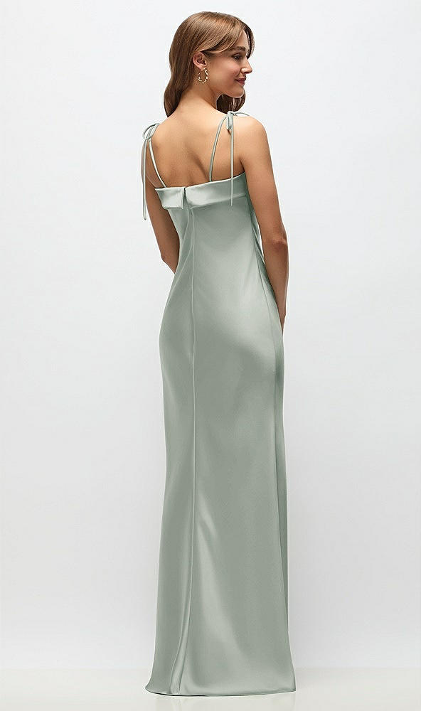 Back View - Willow Green Cuff Neck Satin Bias Maxi Dress with Self-Tie Spaghetti Straps