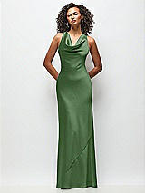 Front View Thumbnail - Vineyard Green Cowl Neck Criss-Cross Back Satin Maxi Dress
