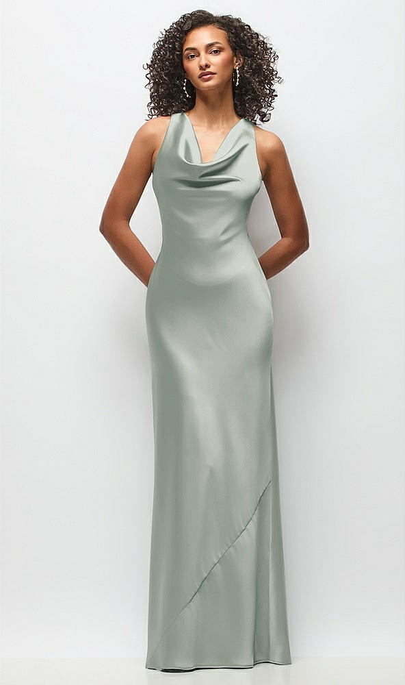 Front View - Willow Green Cowl Neck Criss-Cross Back Satin Maxi Dress