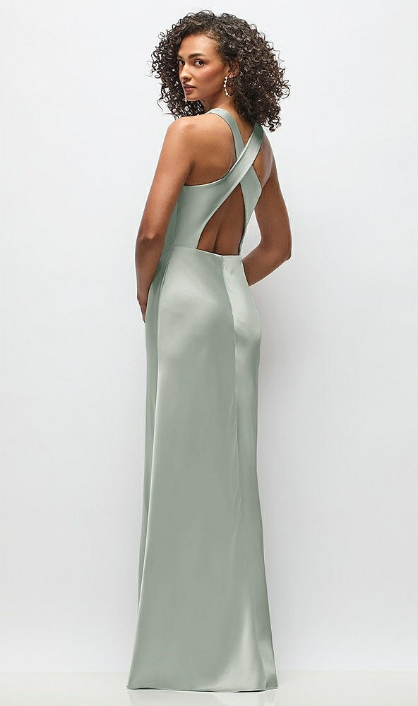 Back View - Willow Green Cowl Neck Criss-Cross Back Satin Maxi Dress
